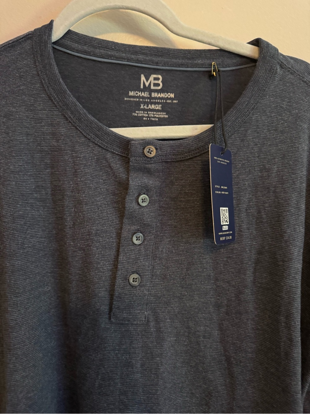 Michael Brandon Men’s XL Henley Shirt New With Tags Navy Long Sleeve Cotton Blen